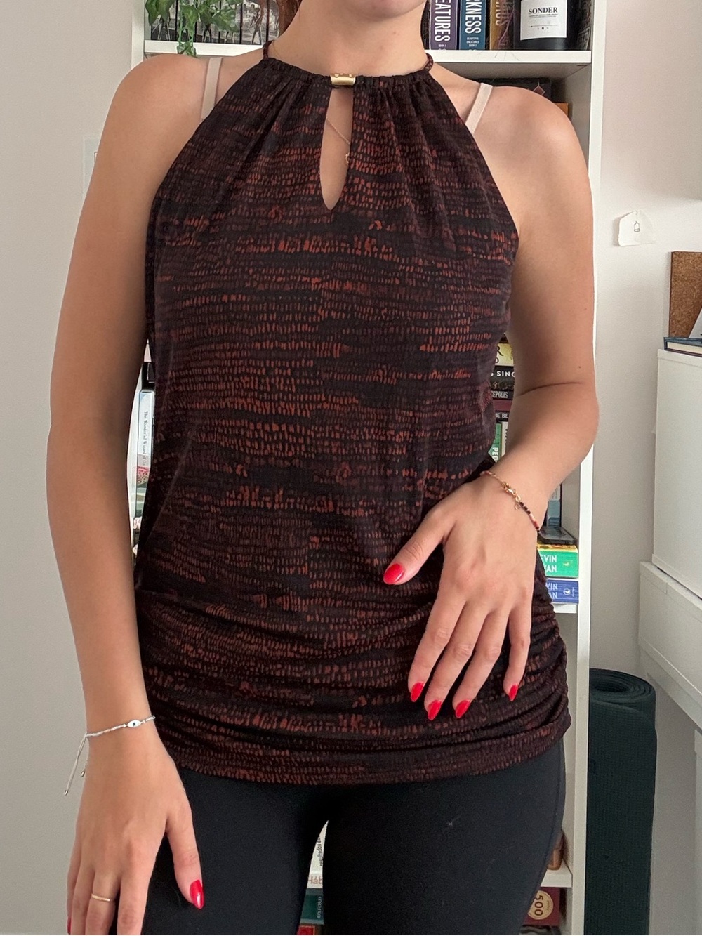 Sleeveless Halter Camisole with Front Keyhole in Dark reddish Brown
